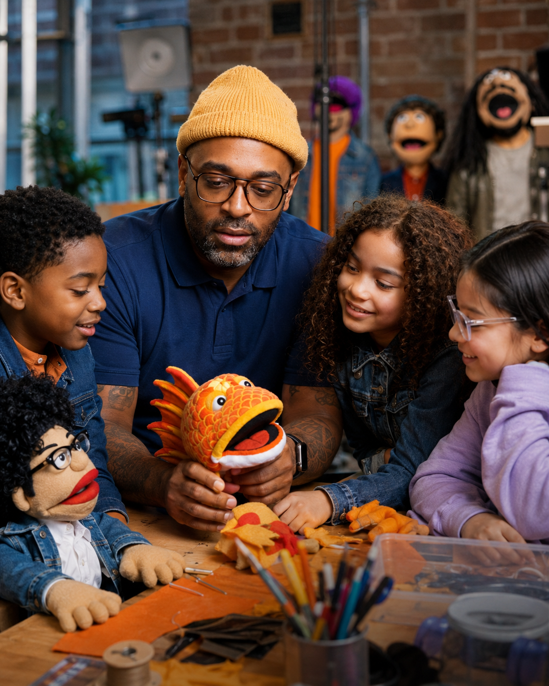 Dorian Forbes teaching puppet craft with younger students