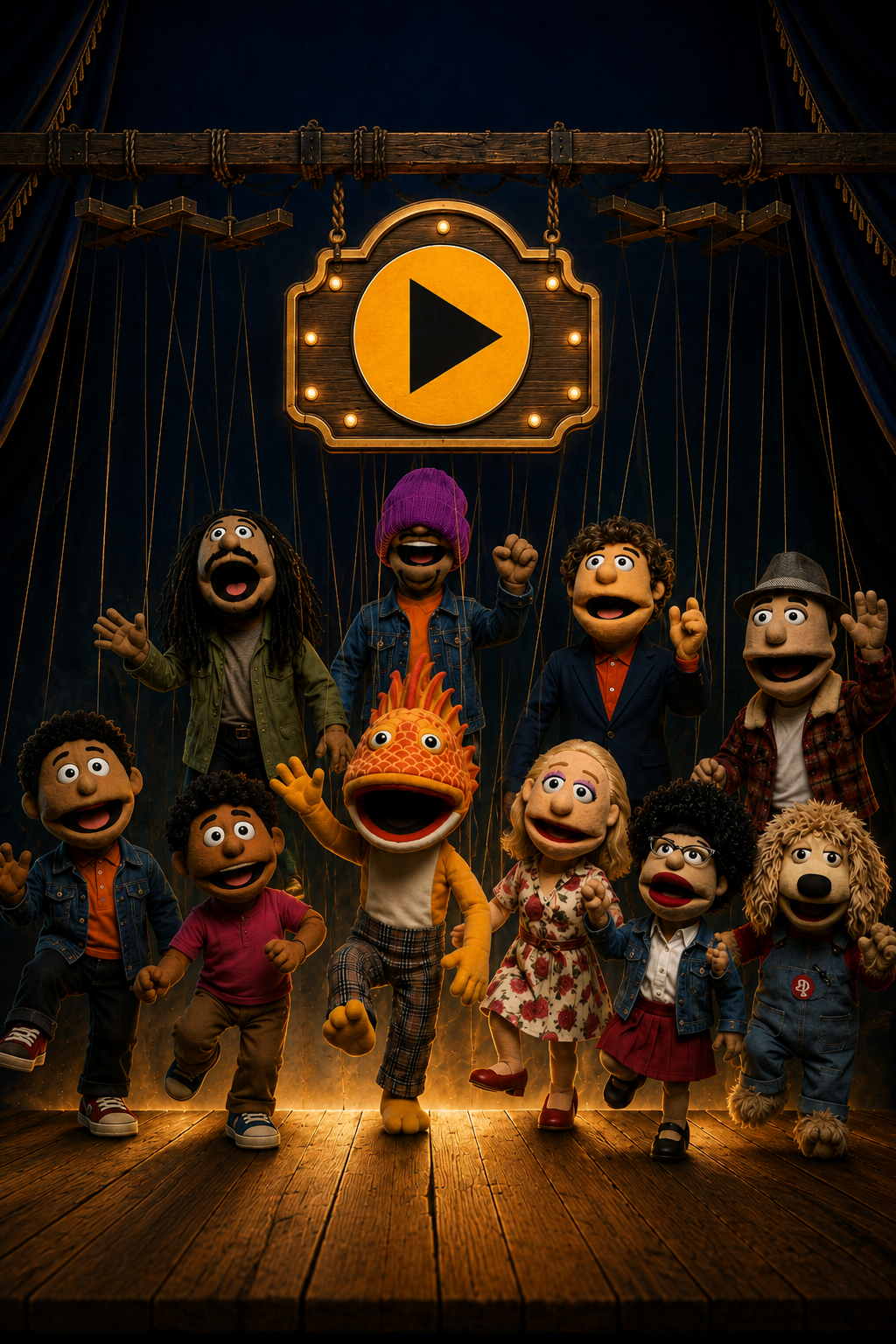 The Make Believe Village puppet cast on stage